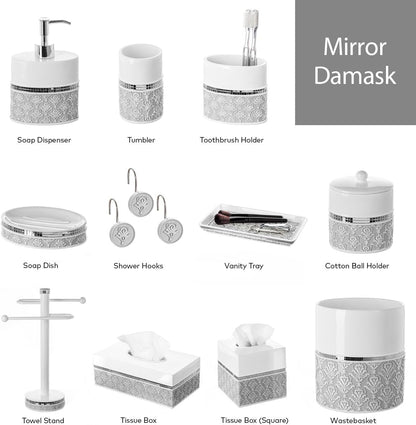 Creative Scents Bathroom Accessory Set - White and Gray Bathroom Décor Set - 4 Piece Decorative Bathroom Set Includes: Soap Dispenser, Soap Dish, Toothbrush Holder and Tumbler (Mirror Damask) Bath Bathroom Accessories Bathroom Accessory Sets Home & Kitchen