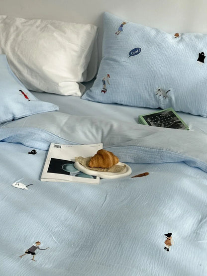 Textured Whimsical Embroidered Washed Cotton Bedding Set