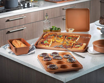 Gotham Steel Non Stick Ceramic Bakeware Set, 5 Piece No Warp & Dishwasher Safe Baking Set, Baking Pans Set with round & Square Baking Pan, Muffin Pan, Loaf Pan & Baking Sheet for Oven, 100% PFOA Free Bakeware Baking & Cookie Sheets Home & Kitchen Kitchen & Dining