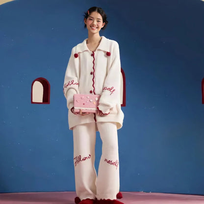 Plush Embroidered Pom-Pom Fleece Pajama Set