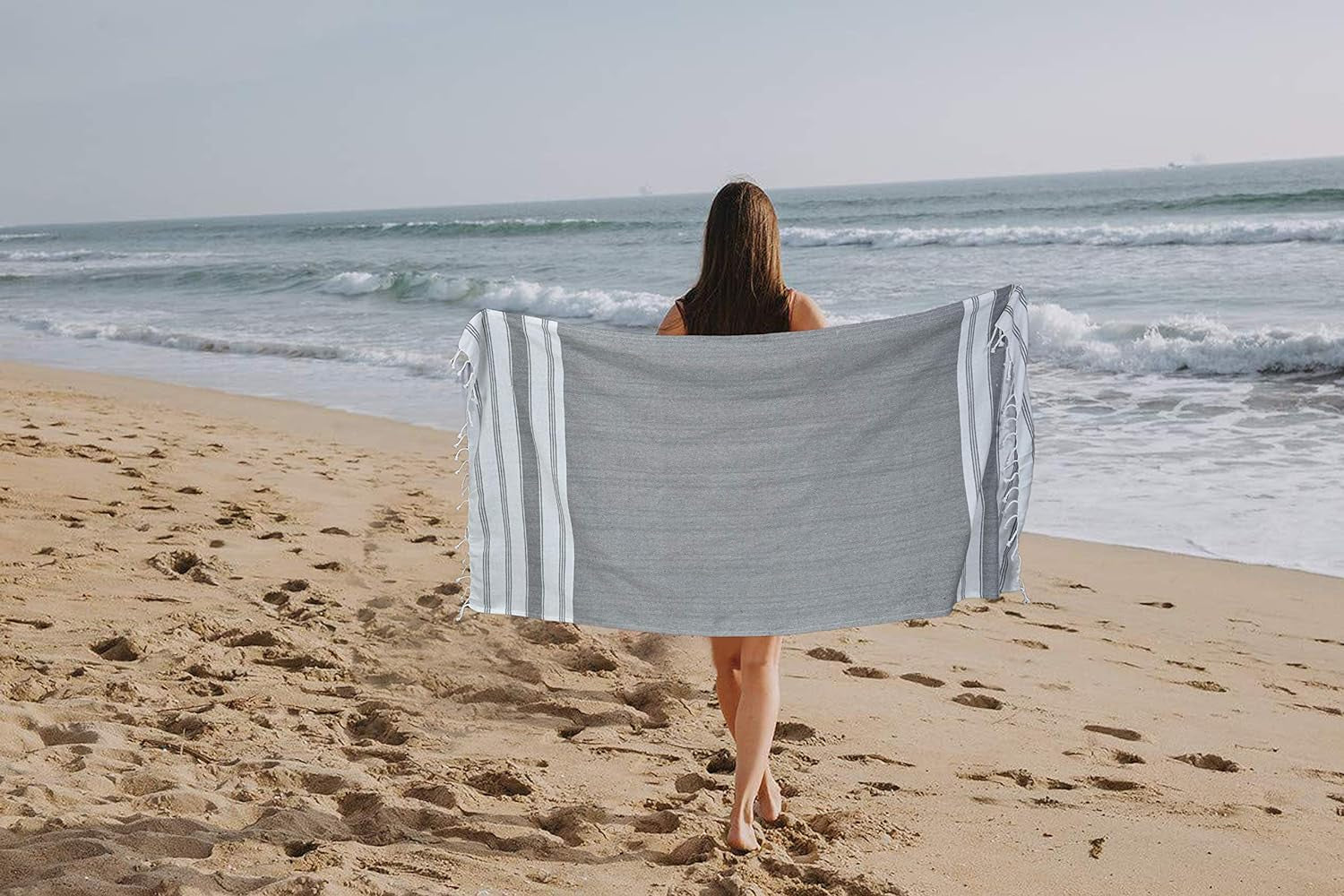 GLAMBURG Peshtemal Turkish Towel 100% Cotton Beach Towels Oversized 36X71 Set of 2, Cotton Beach Towels for Adults, Soft Durable Absorbent Extra Large Bath Sheet Hammam Towel - Charcoal Grey Bath Beach Towels Home & Kitchen Towels