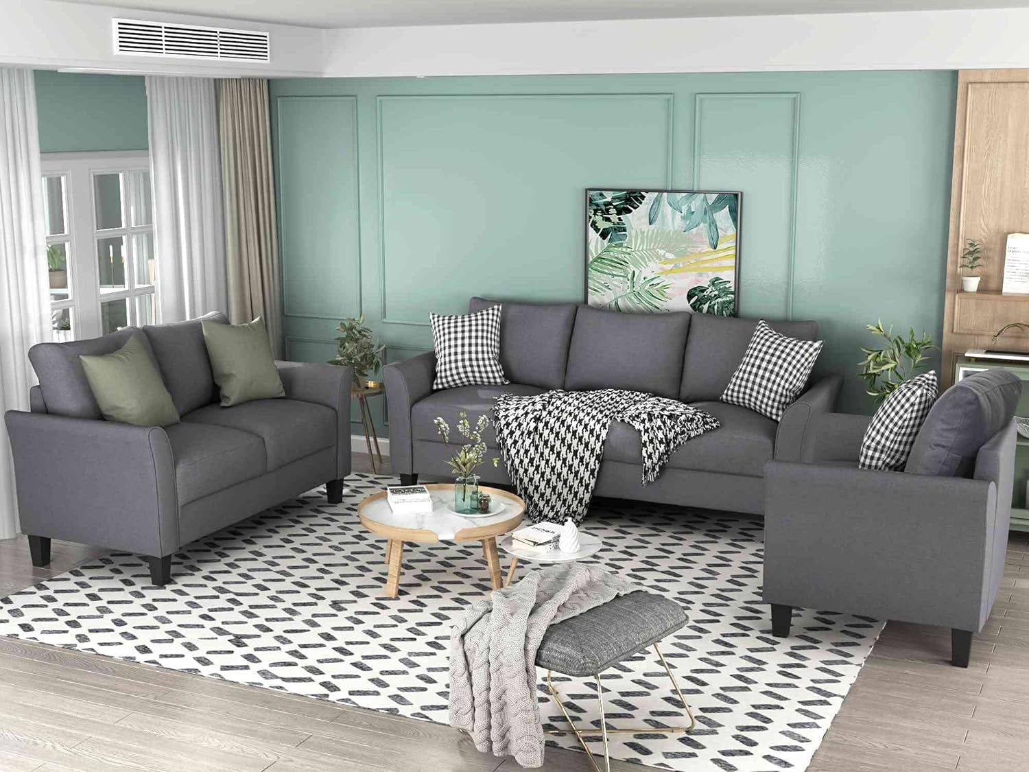 3 Piece Living Room Sofa Set, Upholstered Sectional Couch, One Three-Seat Chair & Loveseat and Armchair (Cement Gray) Furniture Home & Kitchen Living Room Furniture Living Room Sets