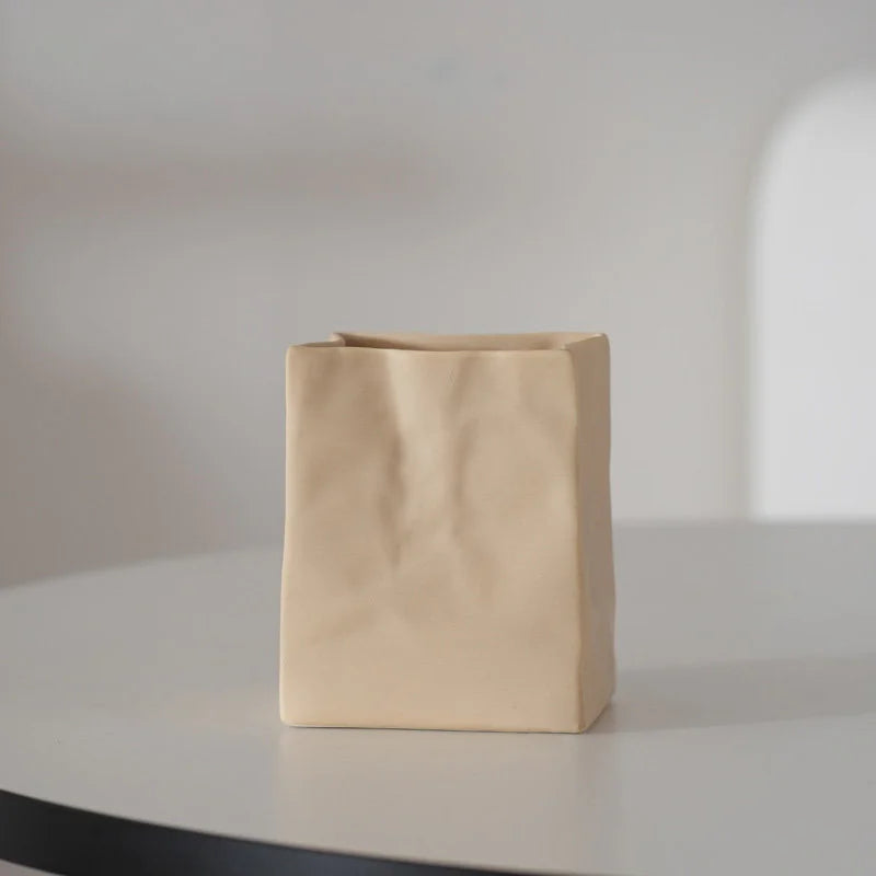 Textured Crumpled Paper Bag Ceramic Desktop Organizer