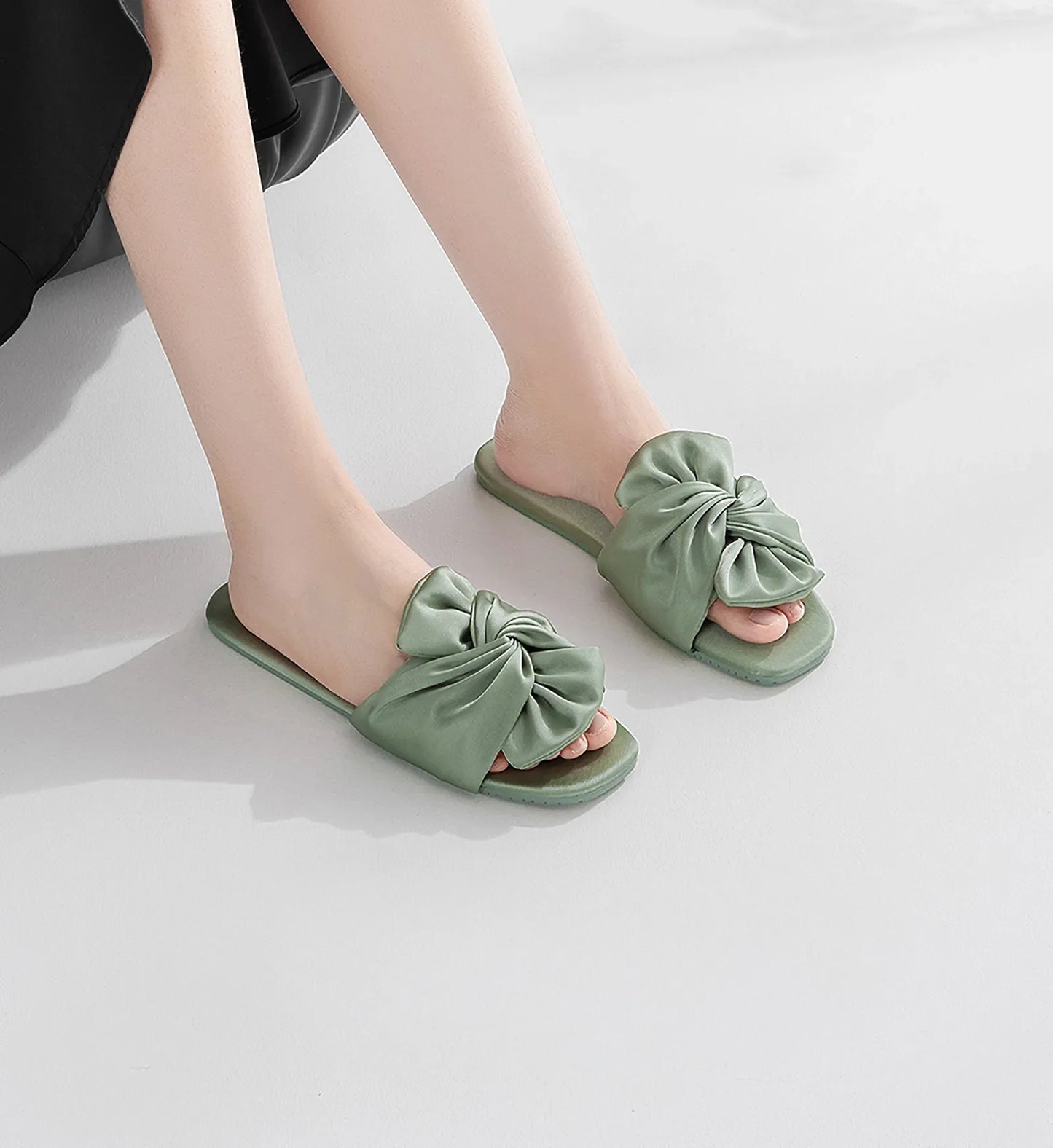 Silky Ruched Bow Cotton Sateen House Slippers