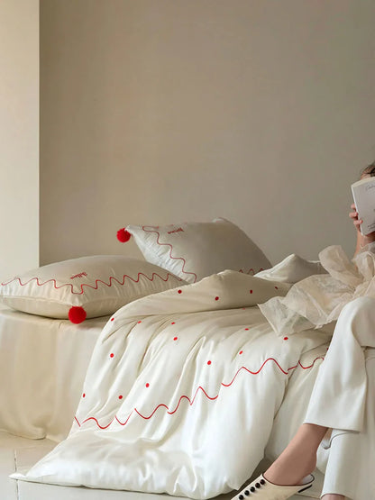 Silky Pom Pom Wavy Embroidered Tencel Bedding Set