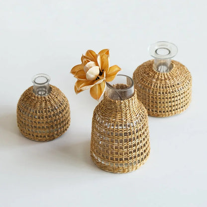 Handwoven Rattan & Glass Bud Vase