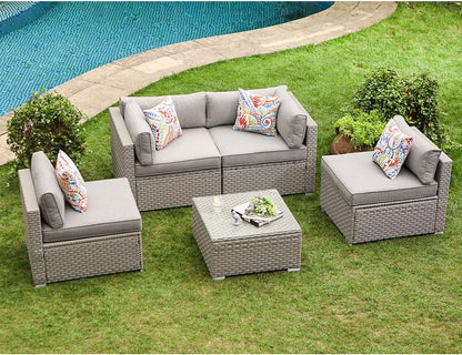 COSIEST 6-Piece Outdoor Furniture Set Brown Wicker Sectional Sofa W Thick off White Cushions, Glass Coffee Table, 2 Ottomans for Garden, Pool, Backyard Conversation Sets Lawn & Garden Patio Patio Furniture & Accessories Patio Furniture Sets