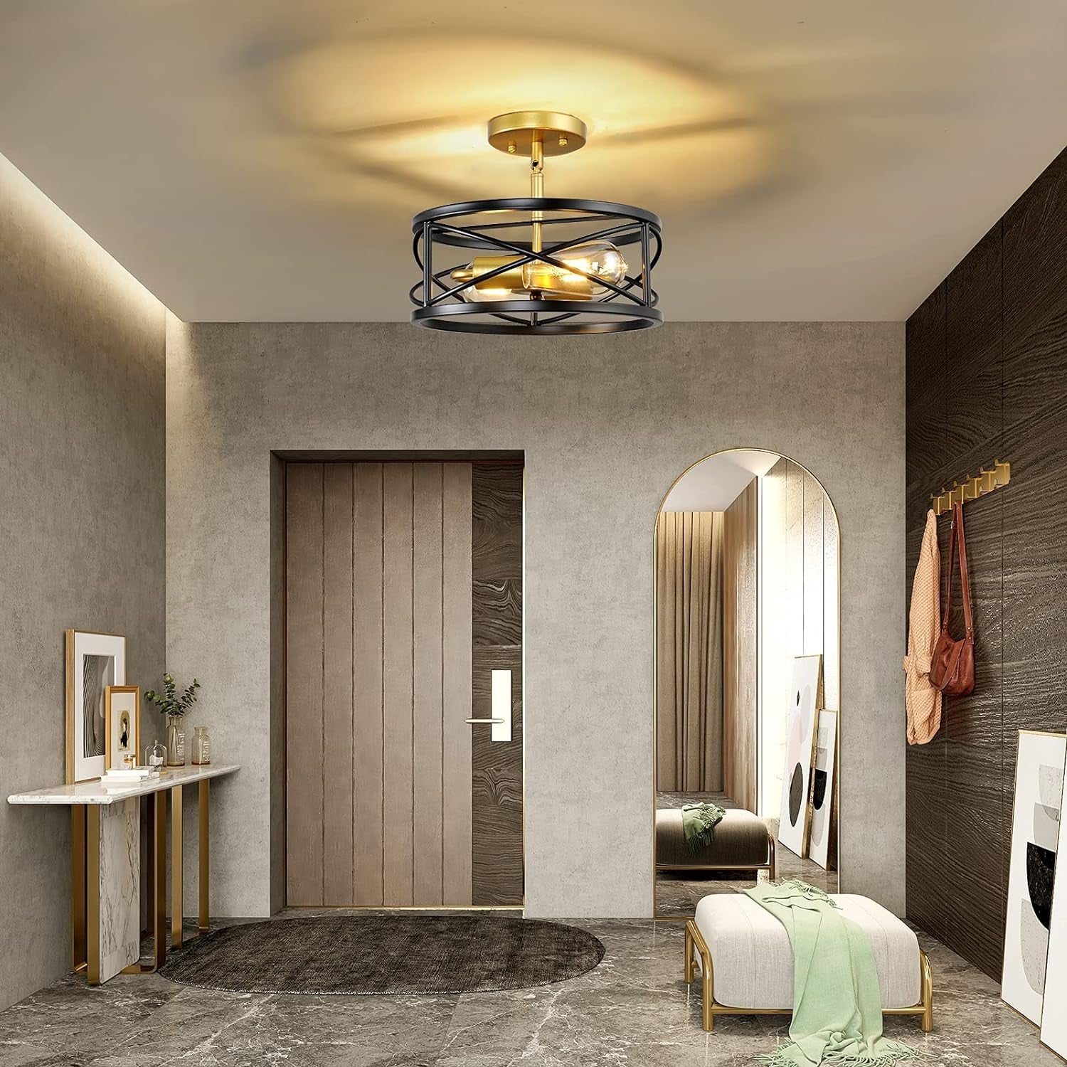 Semi Flush Mount Ceiling Light Fixtures, 2-Light Modern Kitchen Ceiling Light Farmhouse Industrial Sloped Ceiling Lighting with for Metal Drum Cage Hallway Bedroom Stair, Black and Gold Ceiling Lights Close To Ceiling Lights Lighting & Ceiling Fans Tools & Home Improvement