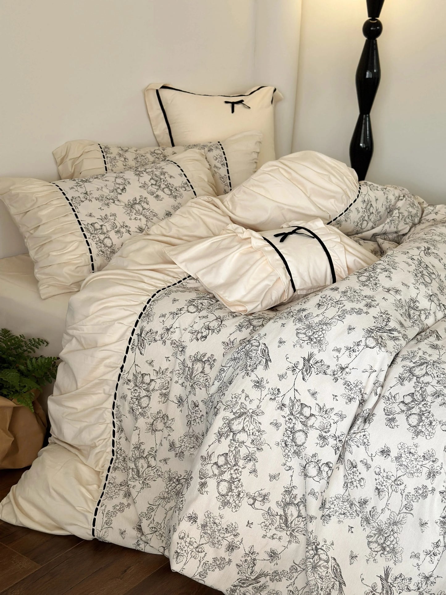 Ruffled Botanical Toile Washed Cotton Bedding Set