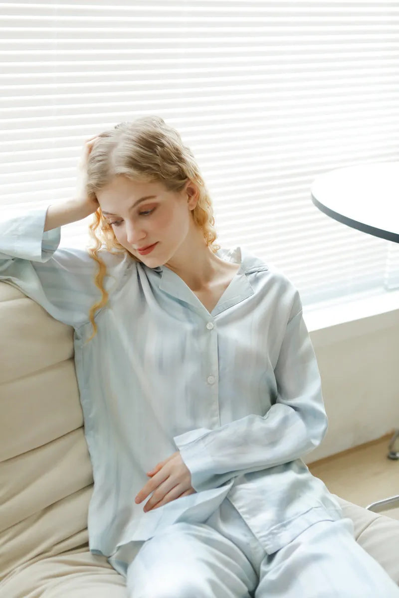 Silky Ice Blue Striped Cotton Sateen Pajama Set