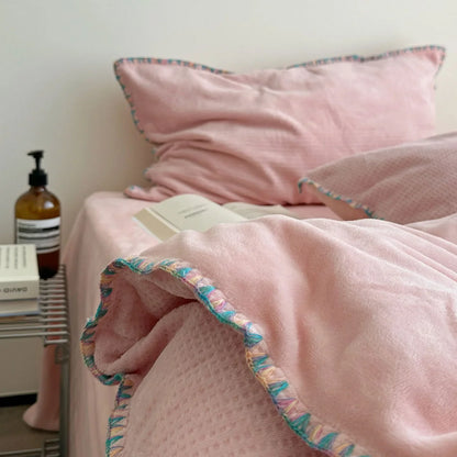 Plush Waffle Fleece Bedding Set with Crochet Trim