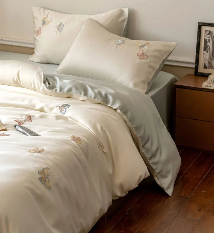 Silky Butterfly Embroidered Tencel Bedding Set