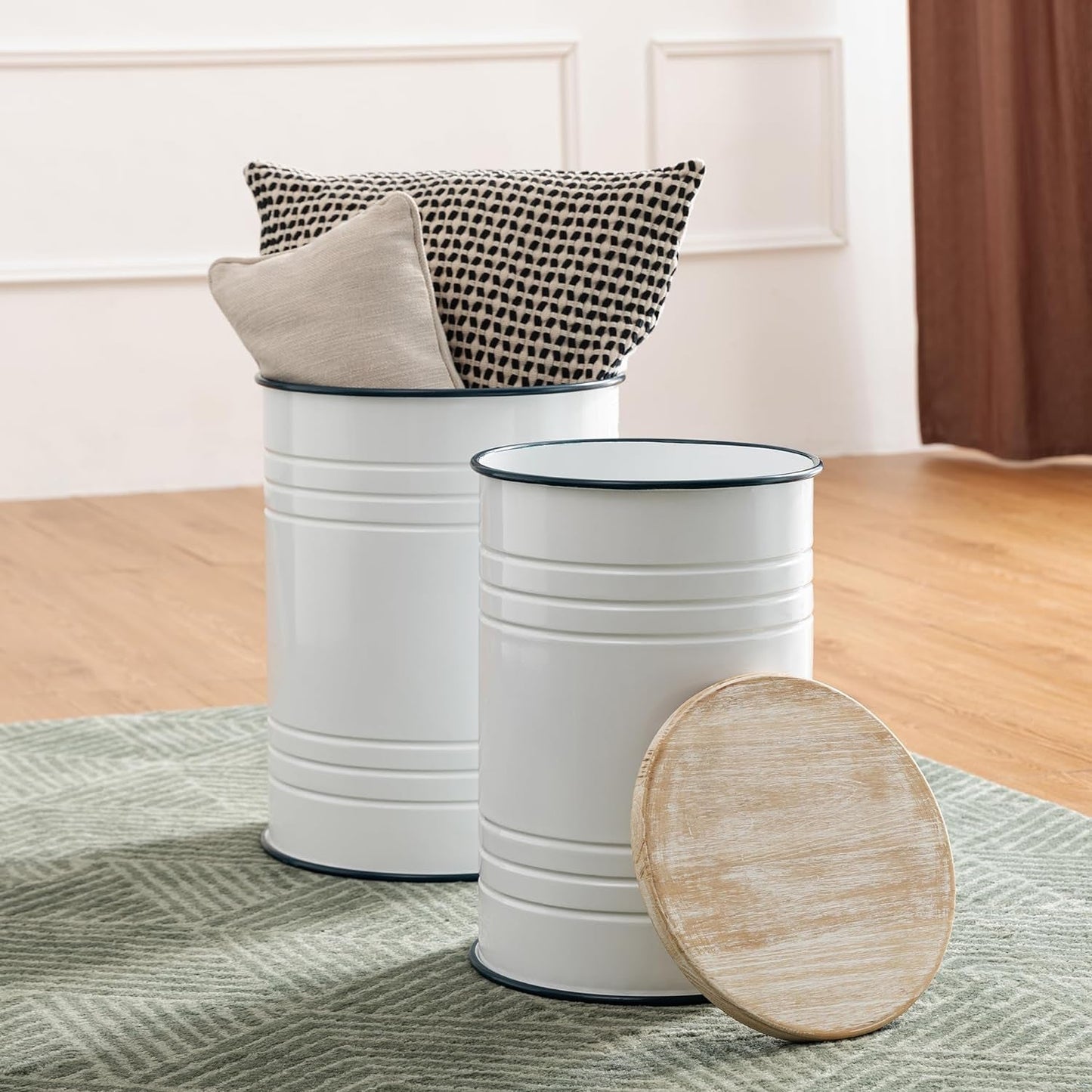 Glitzhome Rustic End Table Set of 2, Farmhouse Galvanized Metal Barrel Ottoman Storage Stool with round Wood Lid for Living Room Furniture, White Furniture Home & Kitchen Living Room Furniture Ottomans