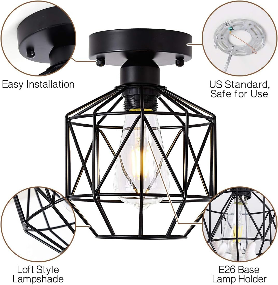 Femony Flush Mount Ceiling Light,Black Cage Semi Flush Ceiling Light Fixture,Rustic Lighting Fixture for Hallway,Foyer,Bathroom,Living Room,Kitchen,And Bedroom Ceiling Lights Close To Ceiling Lights Lighting & Ceiling Fans Tools & Home Improvement