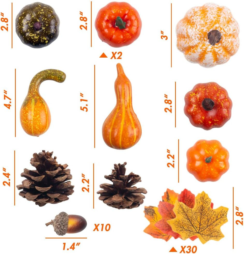 Domestar 50 PCS Thanksgiving Artificial Pumpkins and Gourds Set, 8 PCS Fake Pumpkins, 12 PCS Pinecones and Acorns, 30 PCS Fake Maple Leaves Fall Wedding Tables Centerpieces Artificial Plants & Flowers Artificial Vegetables Home & Kitchen Home Décor Products