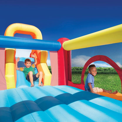 Banzai Double Slide Backyard Bouncer Outdoor Inflatable Slide & Bounce House W/Climbing Wall, Blower Motor, Ground Stakes, & Storage Bag Inflatable Bouncers Sports & Outdoor Play Toys & Games