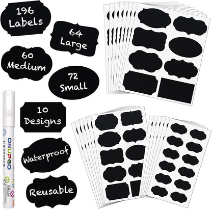 ONUPGO Chalkboard Labels Stickers Bulk - 196 Reusable Chalk Sticker Labels with Erasable Chalk Maker, Removable Waterproof Blackboard Labels for Containers, Glass, Mason Jar Labels Indexes & Stamps Labels Labels & Stickers Office & School Supplies Office Products Removable Labels