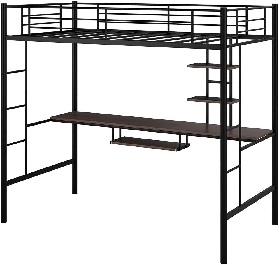 Giantex Metal Loft Bed Frame, Twin Size Bunk Bed with Bilateral Ladders, Guardrails, Desk and Bookcase, Space-Saving Loft Bed with Keyboard Tray for Boys & Girls Teens (Twin, Black) Bedroom Furniture Beds Frames & Bases Furniture Home & Kitchen