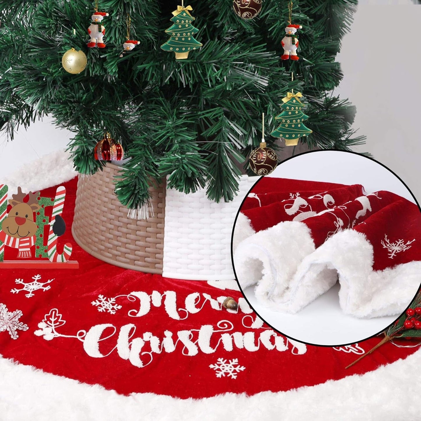 DR.DUDU 48 Inch Christmas Tree Plush Skirt Decoration for Merry Christmas Party Faux Fur Christmas Tree Skirt Decorations (Red 1) Home & Kitchen Seasonal Décor Tree Skirts