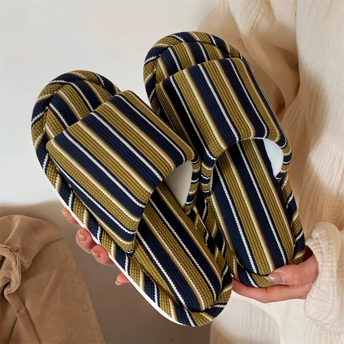 Soft Ribbed Striped Cotton House Slippers