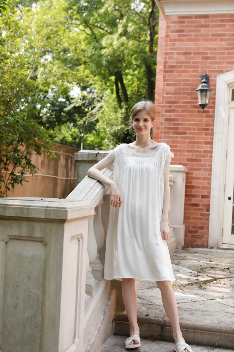 Silky Soft Lace Trim Cotton Sateen Pajama Dress