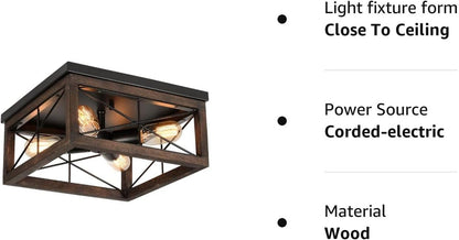 Wooden Flush Mount Ceiling Light, 4-Light Rustic Farmhouse Light Fixtures, Industrial Square Ceiling Light Fixture with E26 Socket for Kitchen Entryway Living Room Dining Room Bedroom Ceiling Lights Close To Ceiling Lights Lighting & Ceiling Fans Tools & Home Improvement