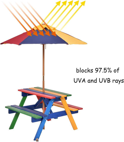 Costzon Kids Picnic Table Set, Colorful Wood Picnic Table and Benches with Removable/Folding Umbrella, Children Rainbow Bench Outdoor Patio Set Lawn & Garden Patio Patio Furniture & Accessories Picnic Tables Tables