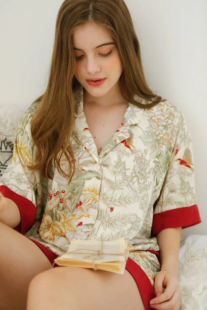 Silky Festive Berry Botanical Cotton Sateen Pajama Set