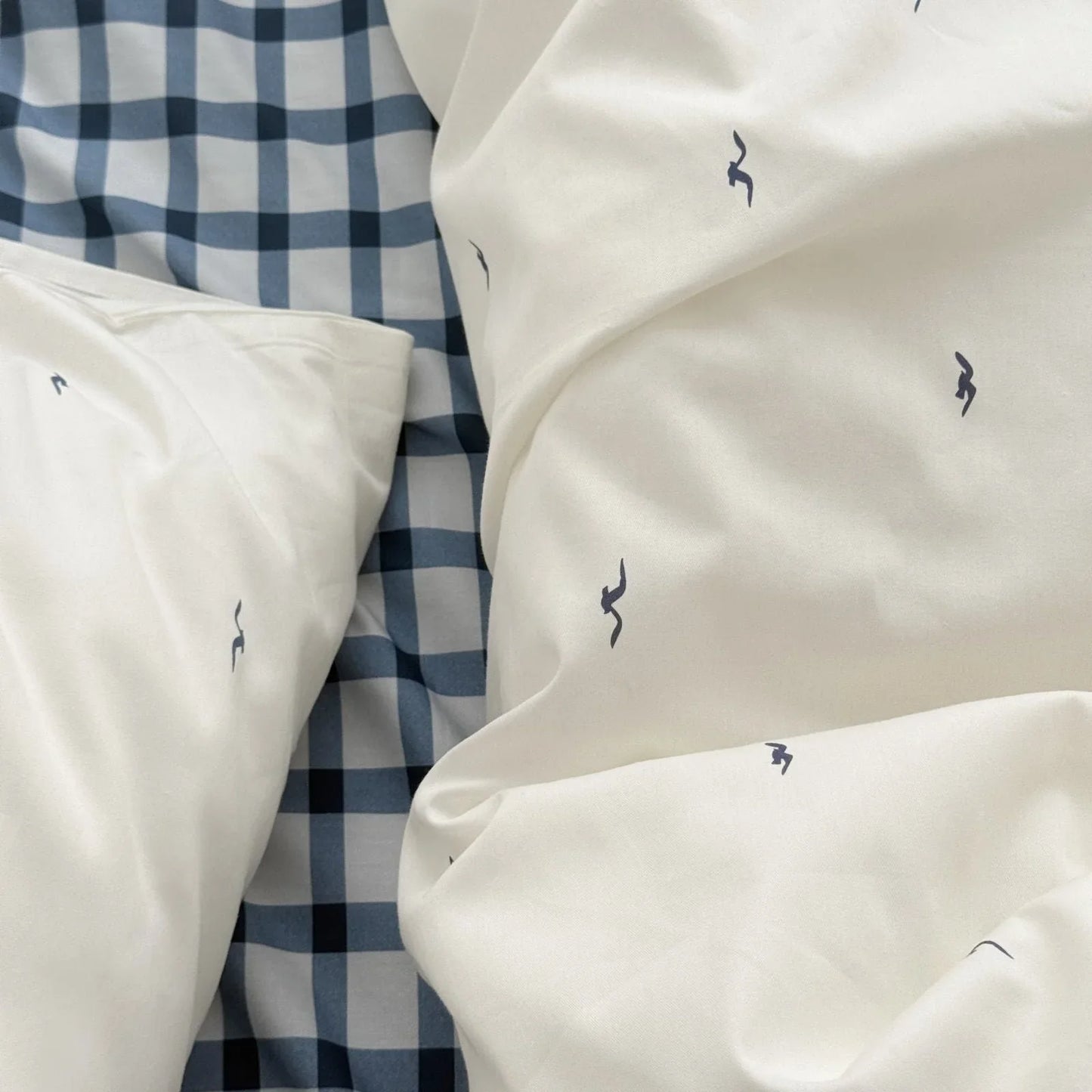 Gingham & Seagull Embroidered Washed Cotton Bedding Set