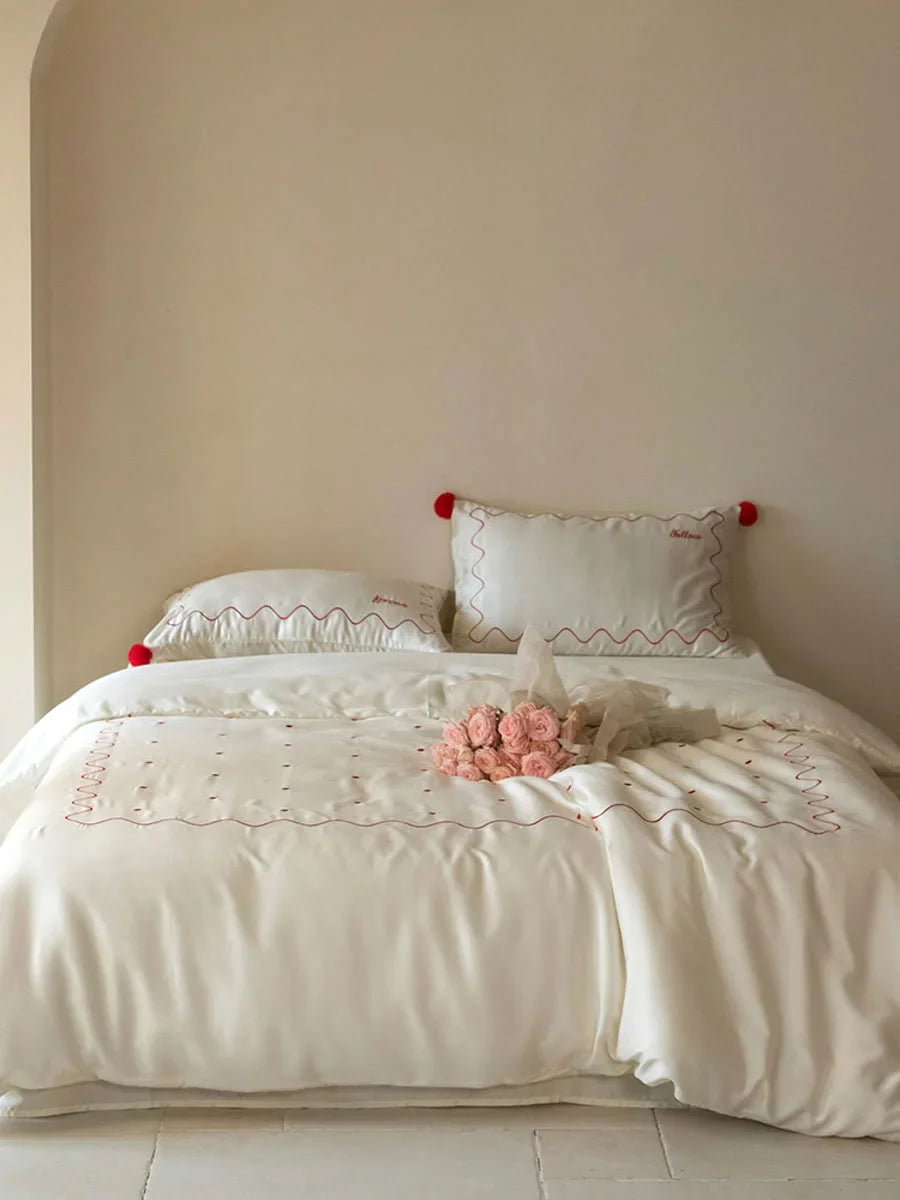 Silky Pom Pom Wavy Embroidered Tencel Bedding Set