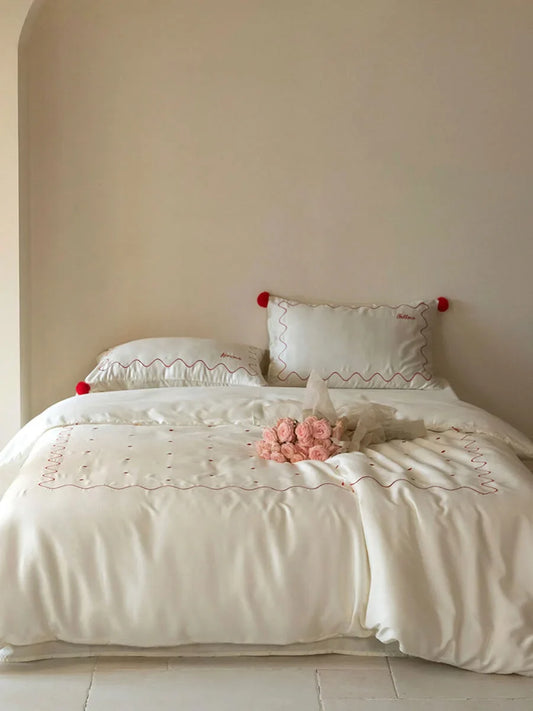 Silky Pom Pom Wavy Embroidered Tencel Bedding Set