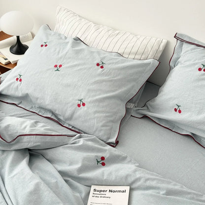Soft Embroidered Cherry Washed Cotton Bedding Set