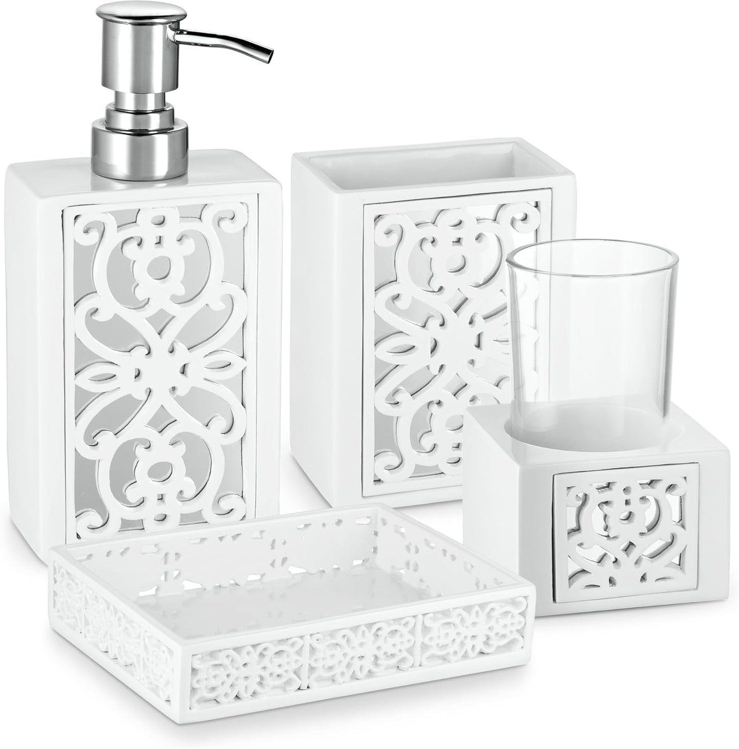 Creative Scents Bathroom Accessory Set - White and Gray Bathroom Décor Set - 4 Piece Decorative Bathroom Set Includes: Soap Dispenser, Soap Dish, Toothbrush Holder and Tumbler (Mirror Damask) Bath Bathroom Accessories Bathroom Accessory Sets Home & Kitchen