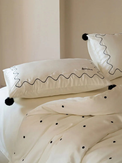Silky Pom Pom Wavy Embroidered Tencel Bedding Set