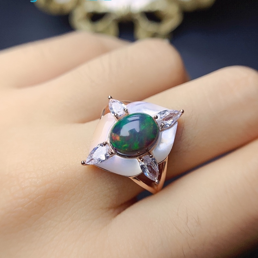 925 Sterling Silver Opal Peacock Ring