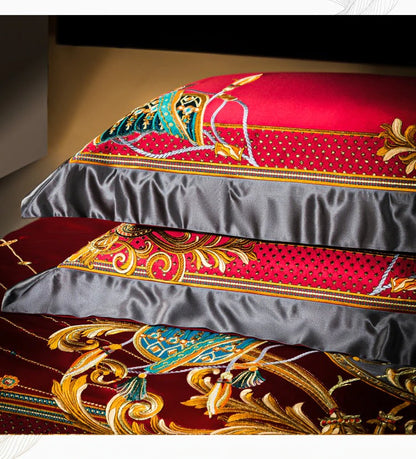Niki Red Egyptian Cotton Embroidered Bedding Set