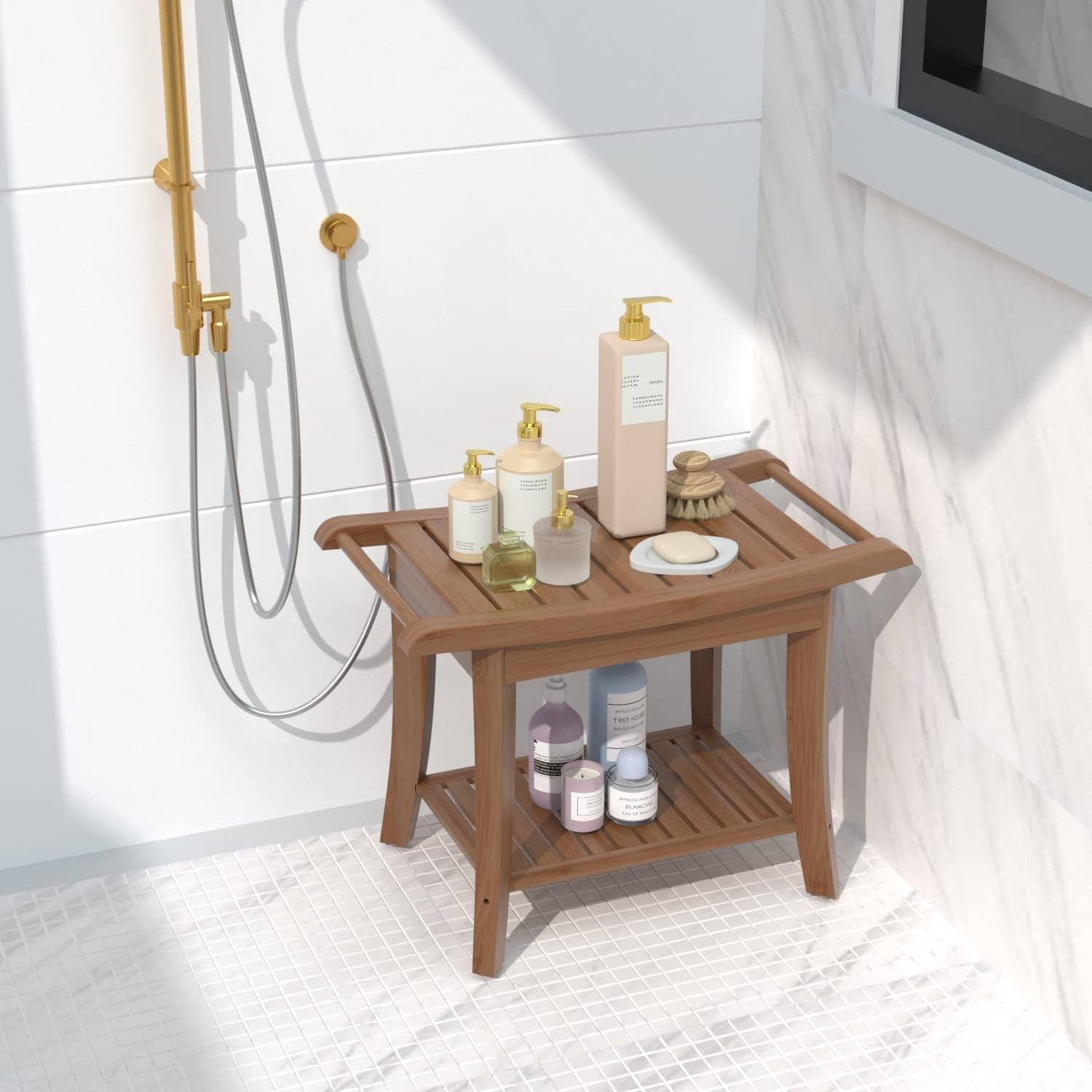 Bamboo Shower Stool Bench Waterproof with Storage Shelf for Shaving Legs or Spa Bath Seat in Bathroom & inside Shower for Adults Seniors Elderly (24 X 13.4 X 18.5 Inches+Walnut) Aids & Accessories Bath & Shower Aids Bath & Shower Safety Seating & Transfer Benches Bathroom Safety Mobility & Daily Living Aids