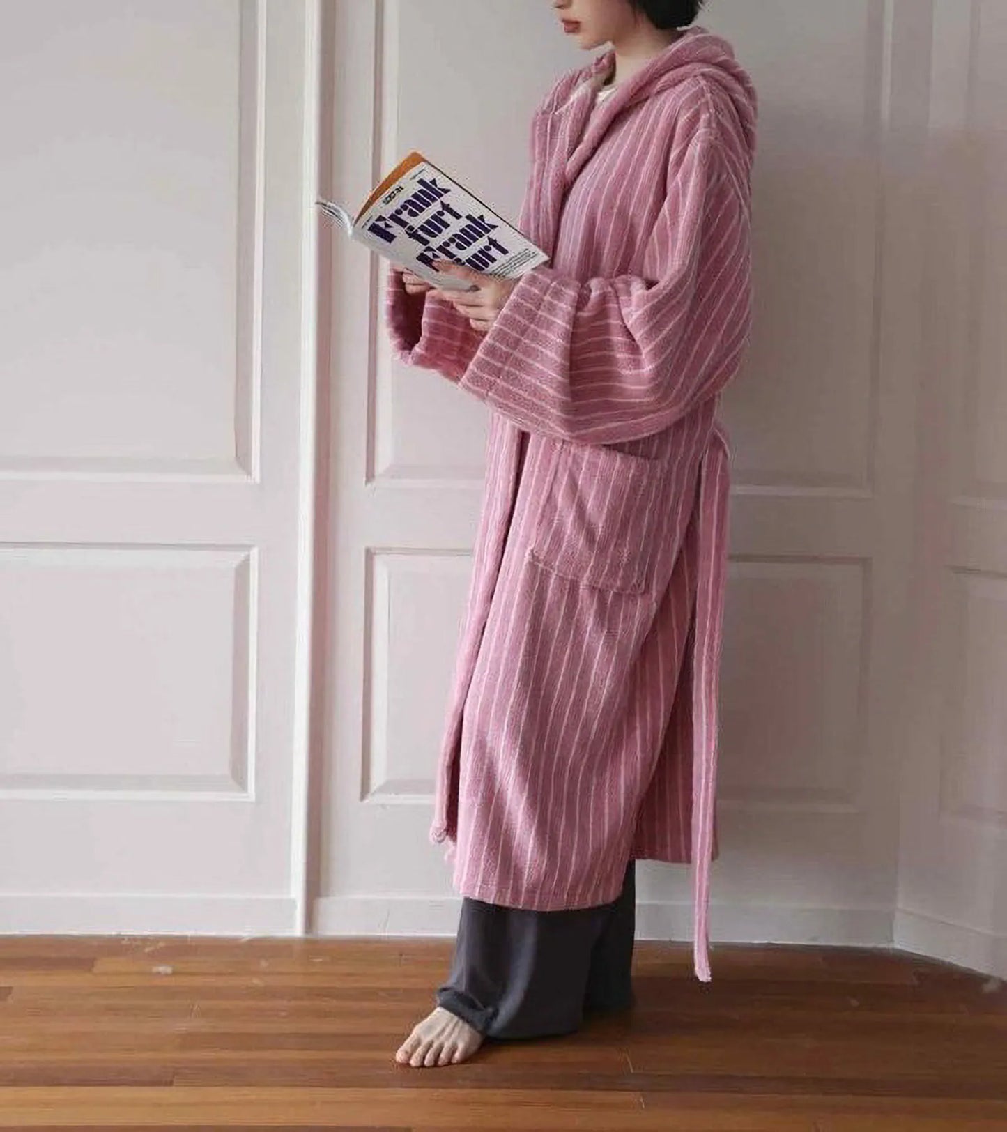 Plush Vertical Striped Cotton Hooded Robe