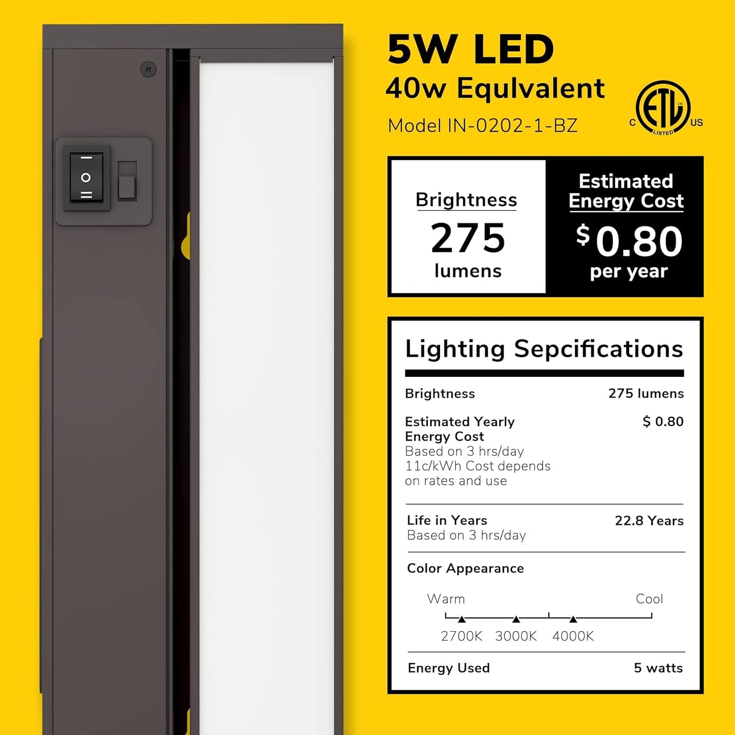 GETINLIGHT 12-Inch Swivel LED under Cabinet Lights, Glass Lens, Selectable White 2700K/4000K/5000K, Dimmable with Wall Dimmers, Bronze Finish, IN-0202-1-BZ Lighting & Ceiling Fans Tools & Home Improvement Under-Cabinet Lights Wall Lights