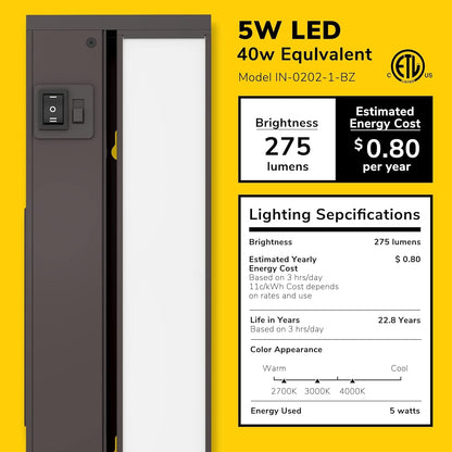 GETINLIGHT 12-Inch Swivel LED under Cabinet Lights, Glass Lens, Selectable White 2700K/4000K/5000K, Dimmable with Wall Dimmers, Bronze Finish, IN-0202-1-BZ Lighting & Ceiling Fans Tools & Home Improvement Under-Cabinet Lights Wall Lights