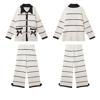 Plush Striped Fleece Pajama Set with Bow Detail