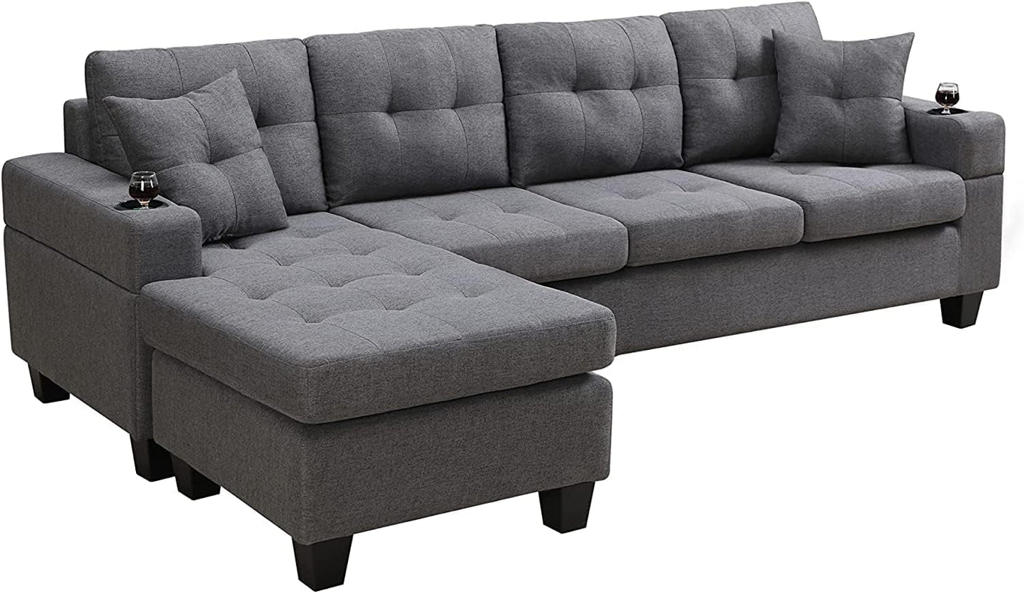 Gray Sectional Sofa with Reversible Left/Right Chaise Lounge and 2 Cup Holders, 4-Seat L-Shaped Couch for Home Apartment Living Room Compact Space Furniture Furniture Home & Kitchen Living Room Furniture Sofas & Couches