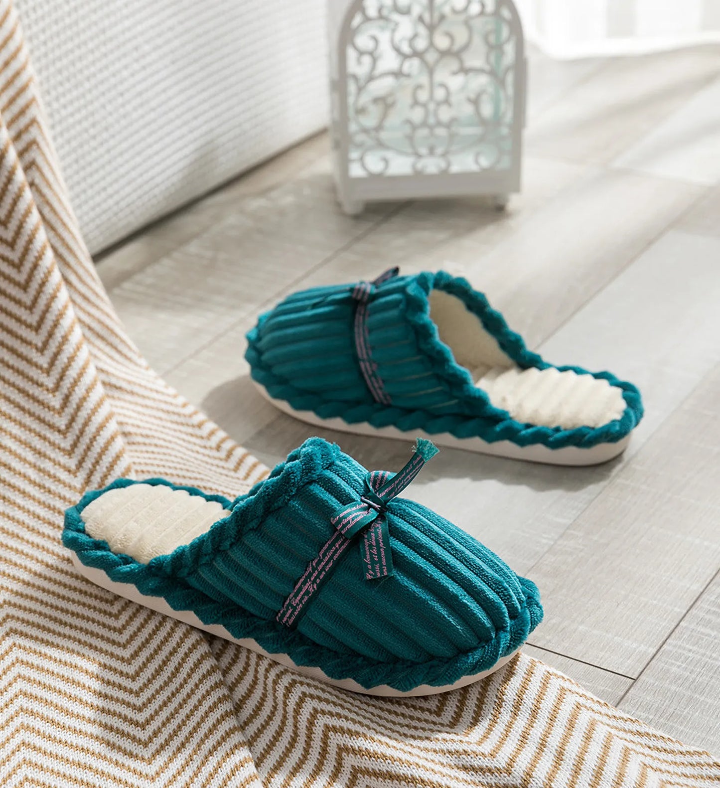 Plush Ribbed Bow Corduroy House Slippers