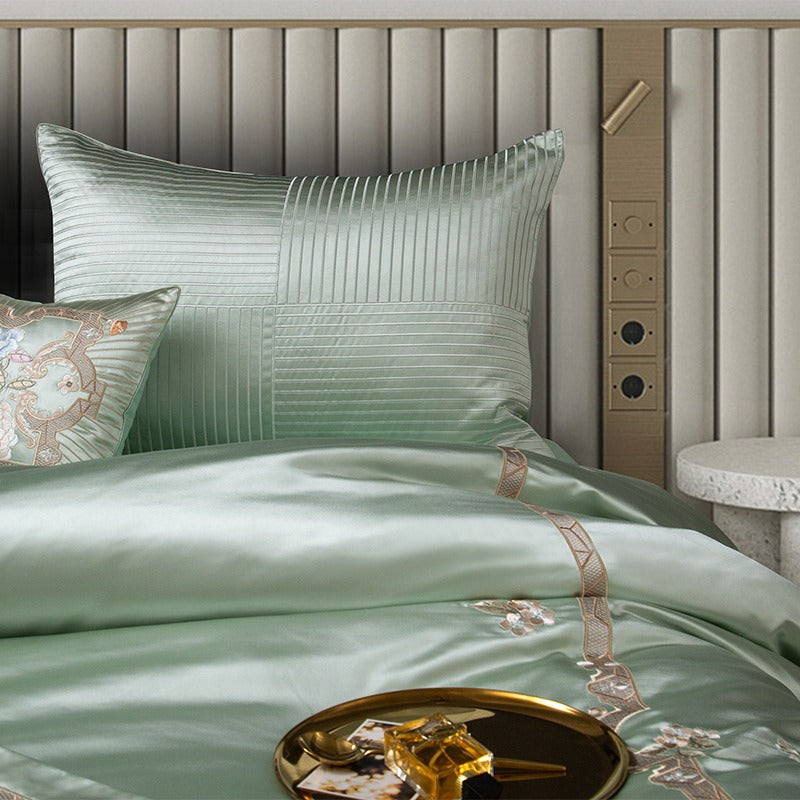 Esana Green Embroidered Egyptian Cotton Satin Bedding Set