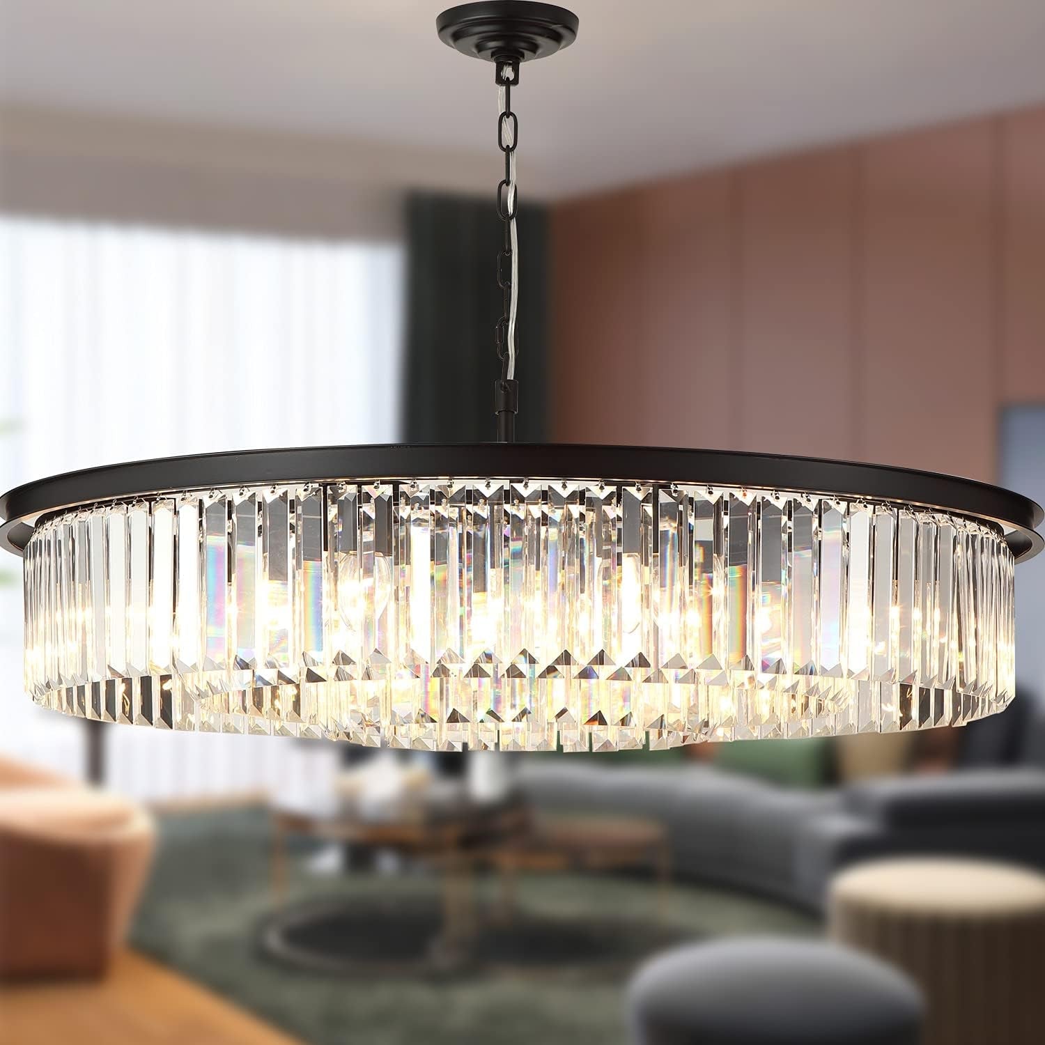 Crystal Chandeliers 18-Light, Metal Ceiling Light Fixture Adjustable Height, 39 Inch Modern Luxury Hanging/Ceiling Light for Kitchen Dining Room Living Room Hallway, Black Ceiling Lights Chandeliers Lighting & Ceiling Fans Tools & Home Improvement