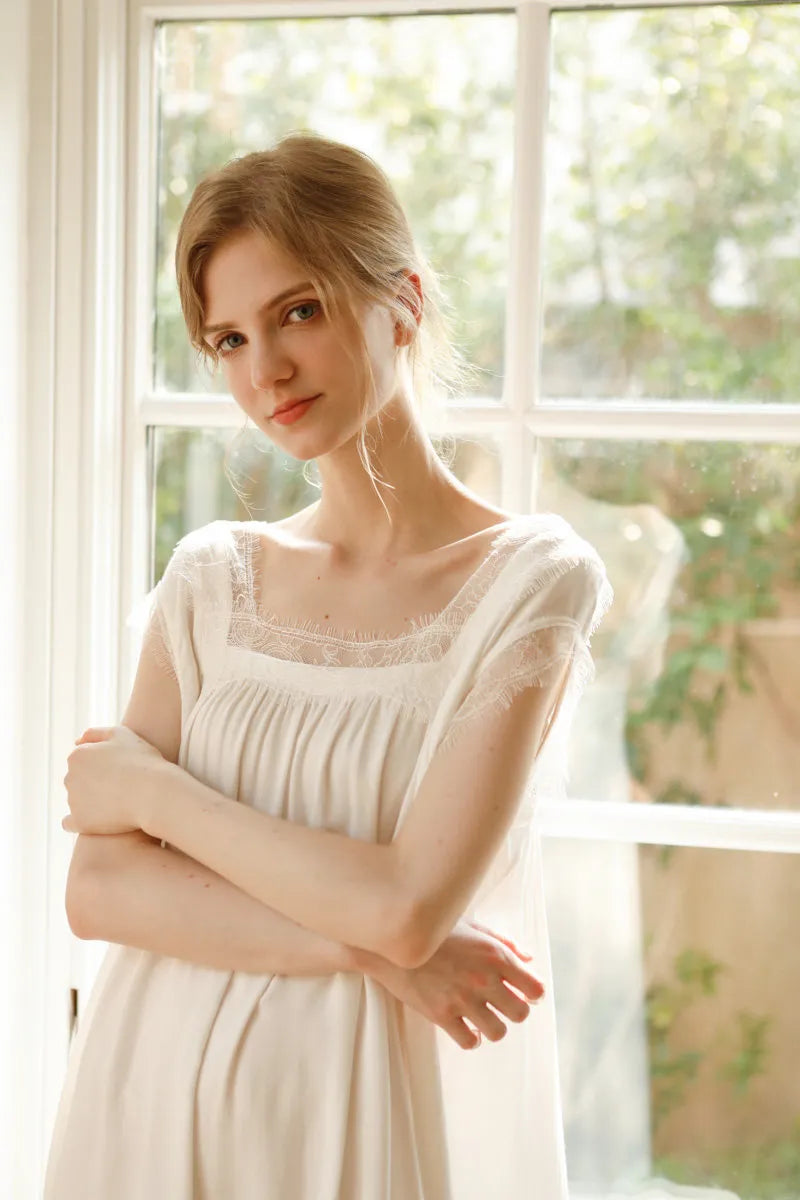 Silky Soft Lace Trim Cotton Sateen Pajama Dress