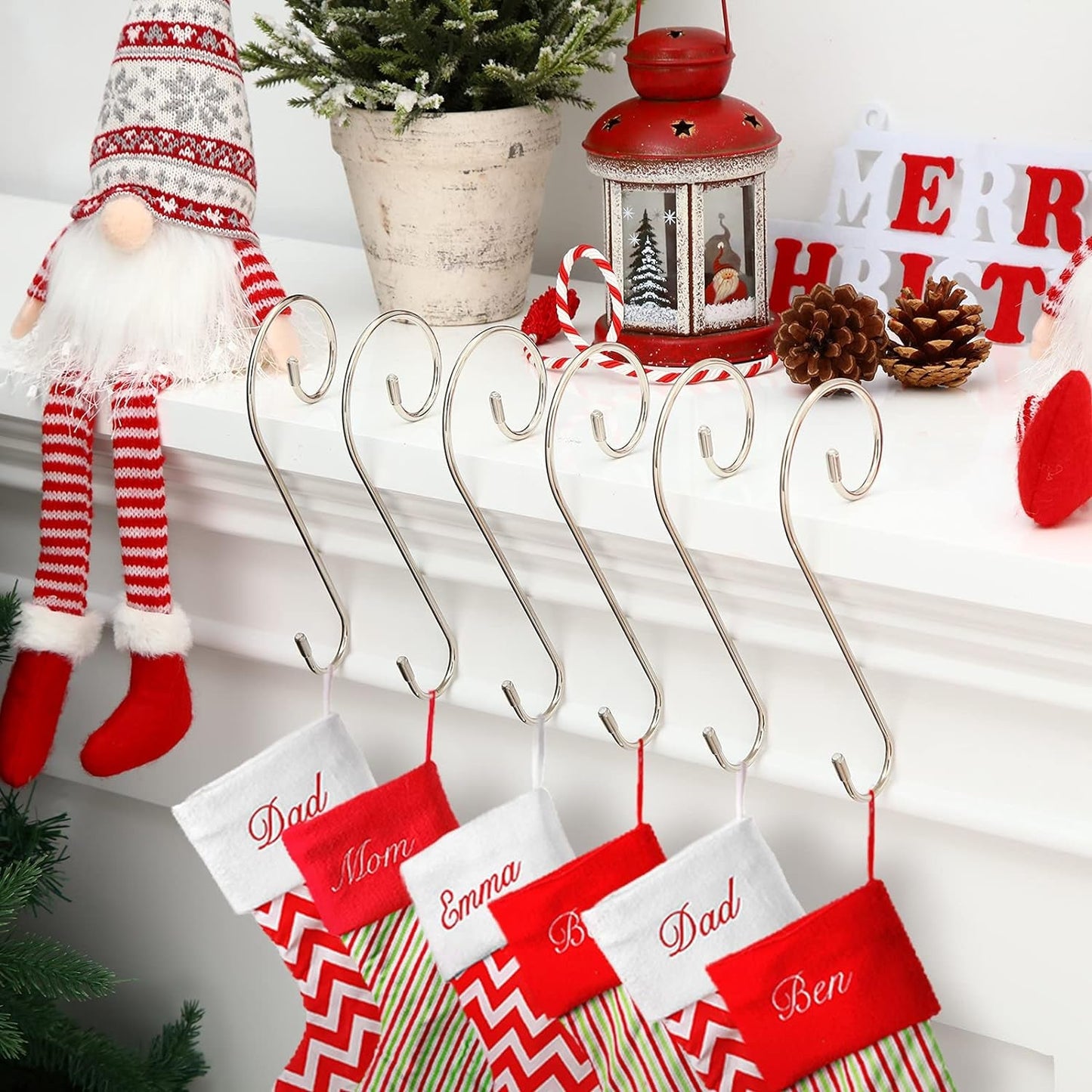 6 Pieces Christmas Stocking Hooks Mantle Stocking Hanger Lightweight Stocking Holder Stand No-Slip Stocking Holder for Mantel Fireplace Door Garland Wall Xmas Holiday Decoration (Silver) Home & Kitchen Ornament Hooks Seasonal Décor