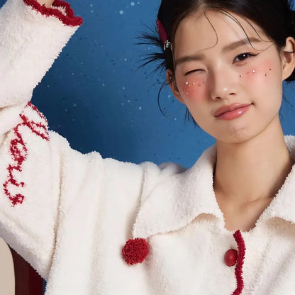 Plush Embroidered Pom-Pom Fleece Pajama Set