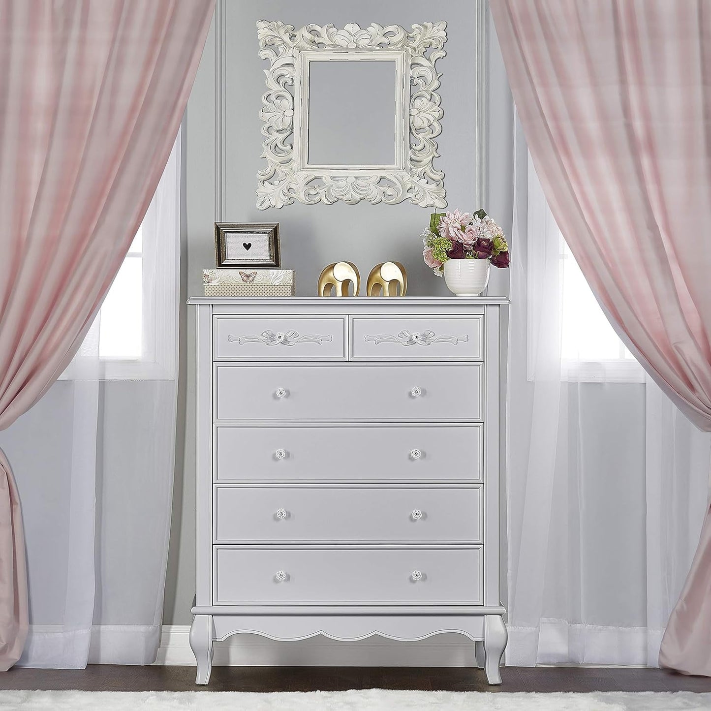 Evolur Aurora 7 Drawer Double Dresser, Akoya Grey Pearl/Silver Mist & Aurora 6 Drawer Tall Chest in Akoya Grey Pearl/Silver Mist Bedroom Furniture Dressers Furniture Home & Kitchen