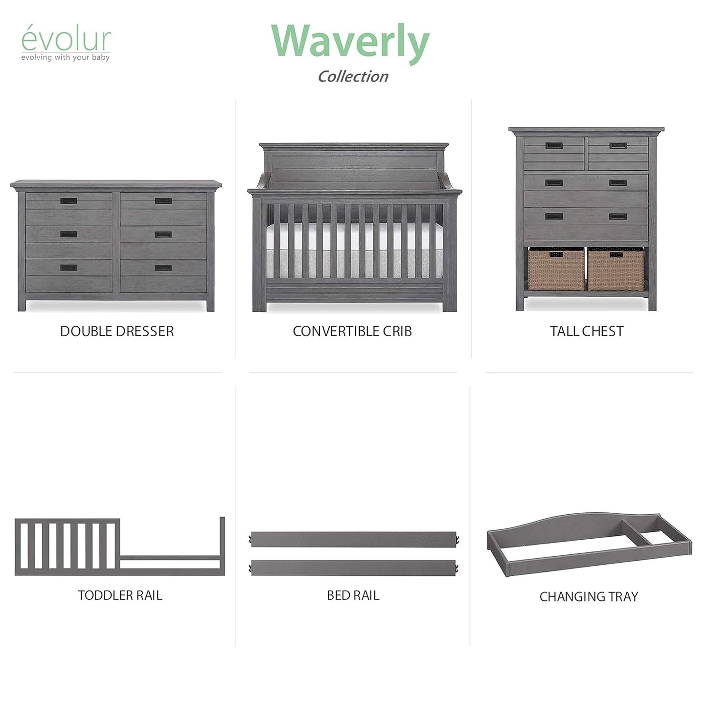 Evolur Waverly Double Dresser, Rustic Grey , 54X20.25X33 Inch (Pack of 1) Baby Products Changing & Dressing Chests & Dressers Furniture Nursery